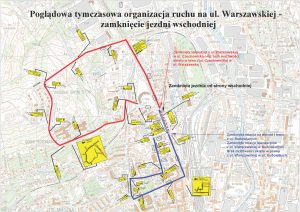 Mapa z naniesioną tymczasową organizacją na ul. Warszawskiej – zamknięcie jezdni wschodniej