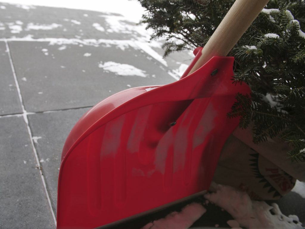 Zdjęcie odśnieżonego chodnika. Na pierwszym planie czerwona łopata śniegowa, a za nią zielone gałęzie choinki.  