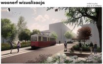 Wizualizacja woonerfu. Rejon skrzyżowania z ul. Hugona Kołłątaja. Na pierwszym planie proponowana replika tramwaju.