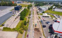 Widok z drona na przebudowywany odcinek ul. Warszawskiej znad wlotu w ul. Węglową
