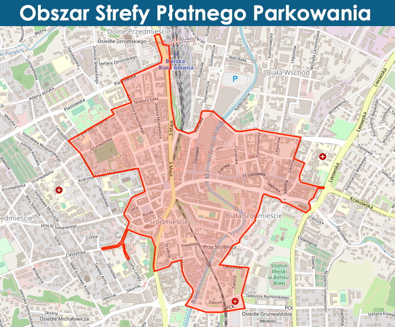 Mapa obszaru Strefy Płatnego Parkowania w Bielsku-Białej